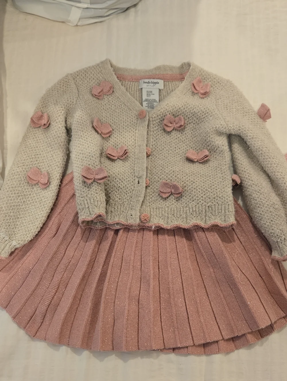 Haute Hippie Kids Pink and Cream Knit Cardigan with Pleated Pink Skirt Set